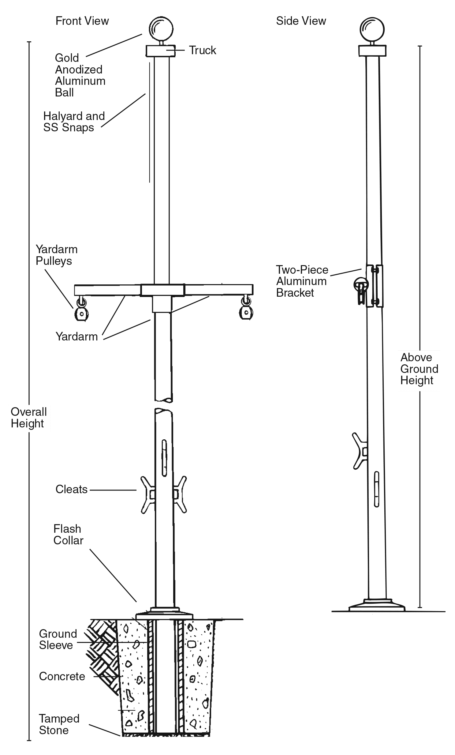 Nautical Single Masted Flagpole with Yardarm 25'-40' | Poseidon Series