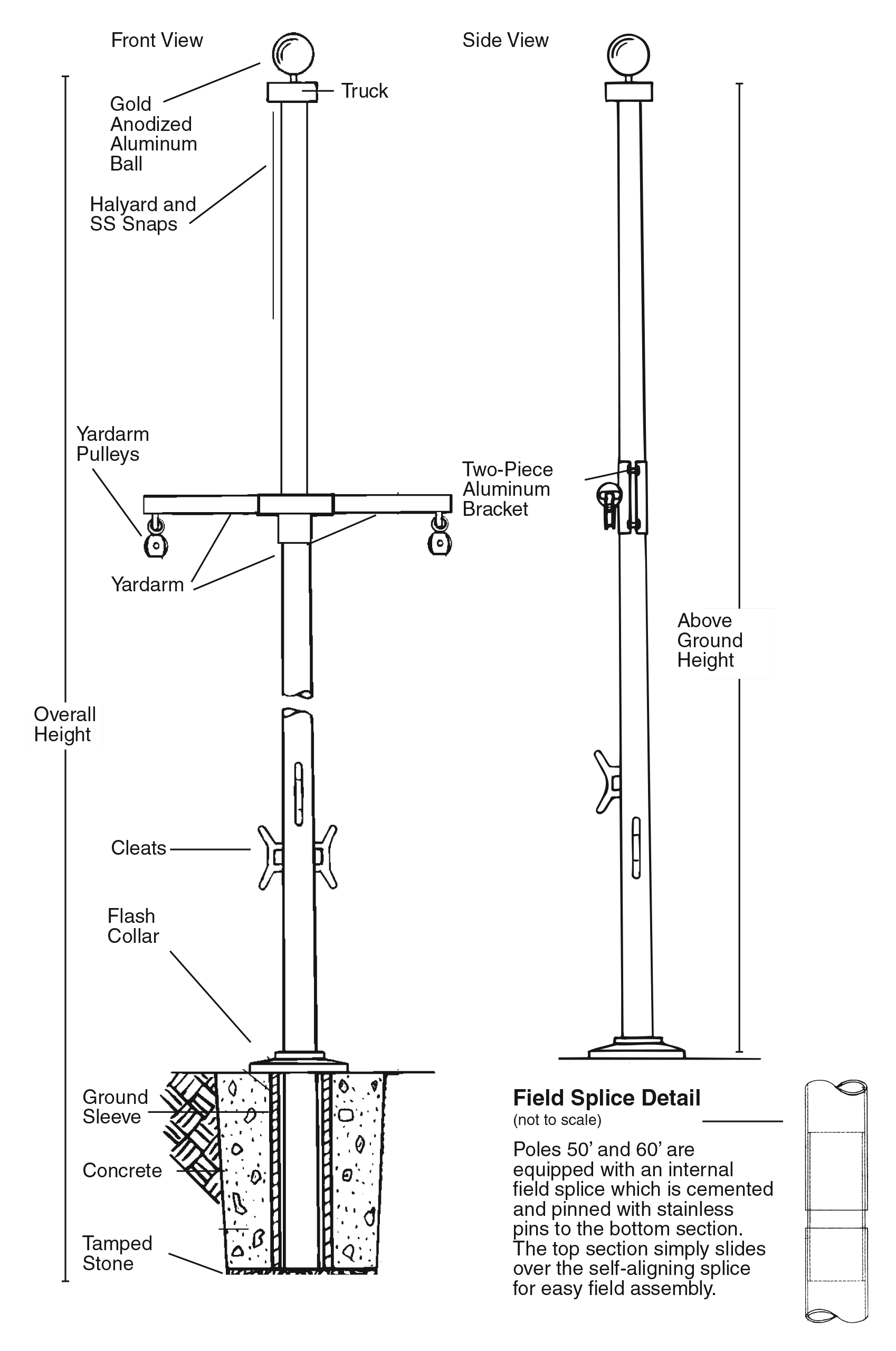 Nautical Single Masted Flagpole with Yardarm 50′-60′ | Poseidon Series