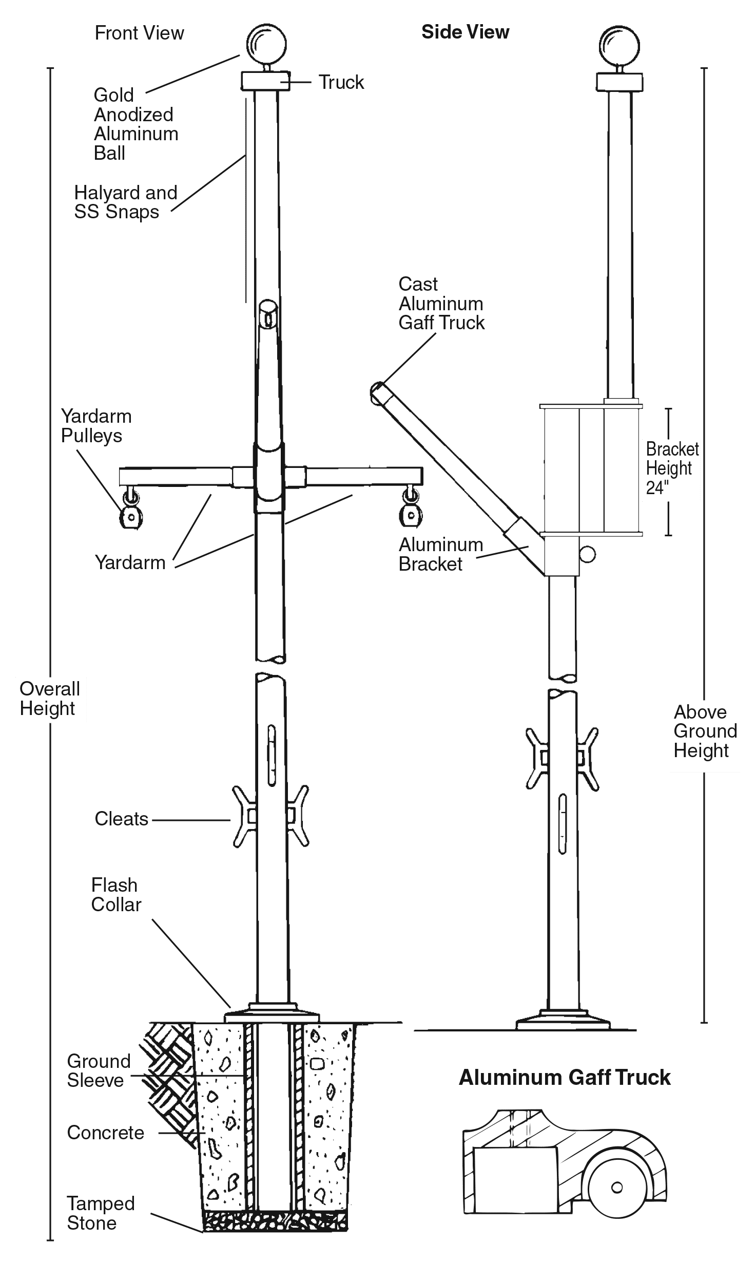 Nautical Double Masted Flagpole with Yardarm/Gaff 50′-60′ | Poseidon Series