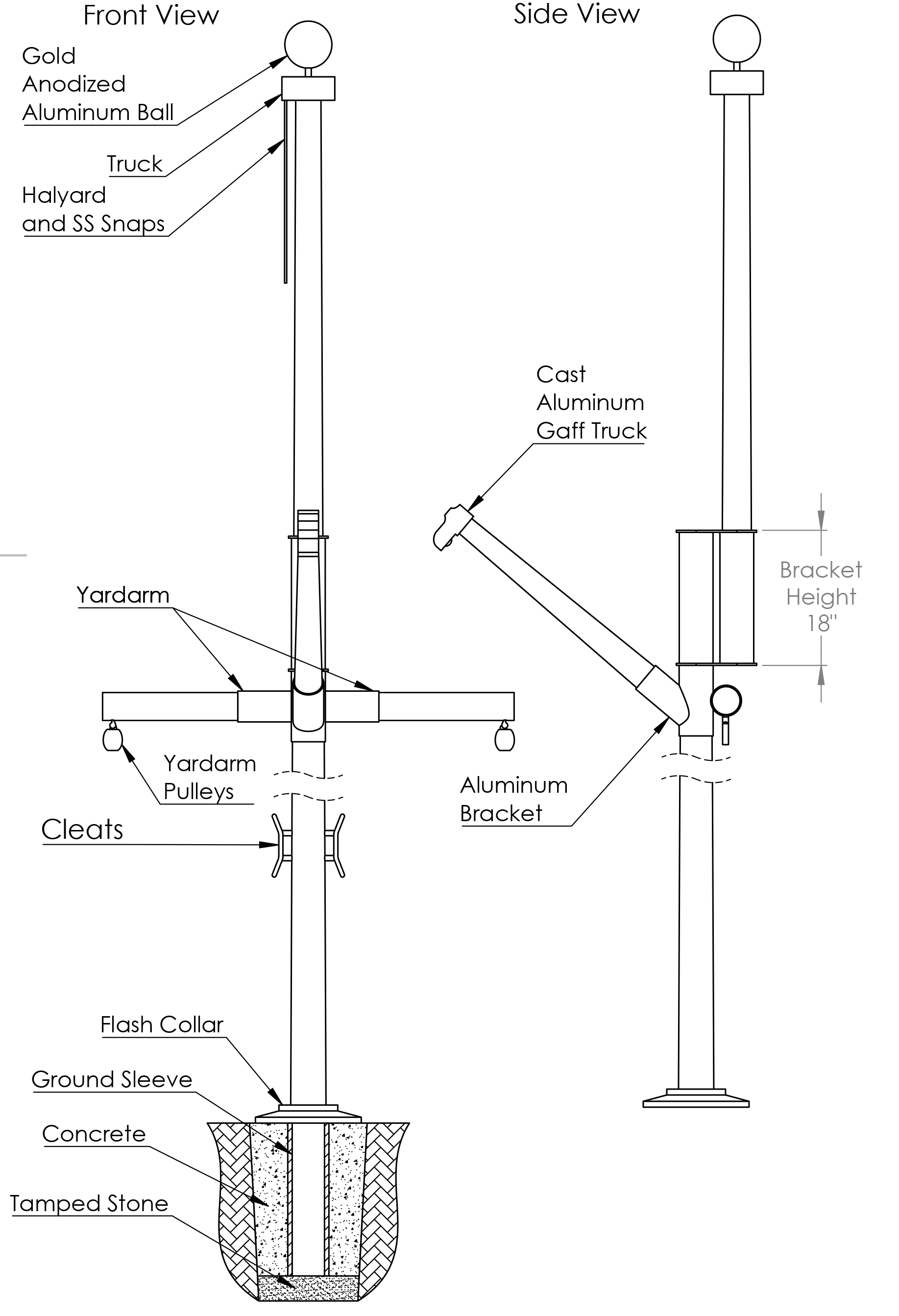 Nautical Double Masted Flagpole with Yardarm/Gaff 50′-60′ | Poseidon Series